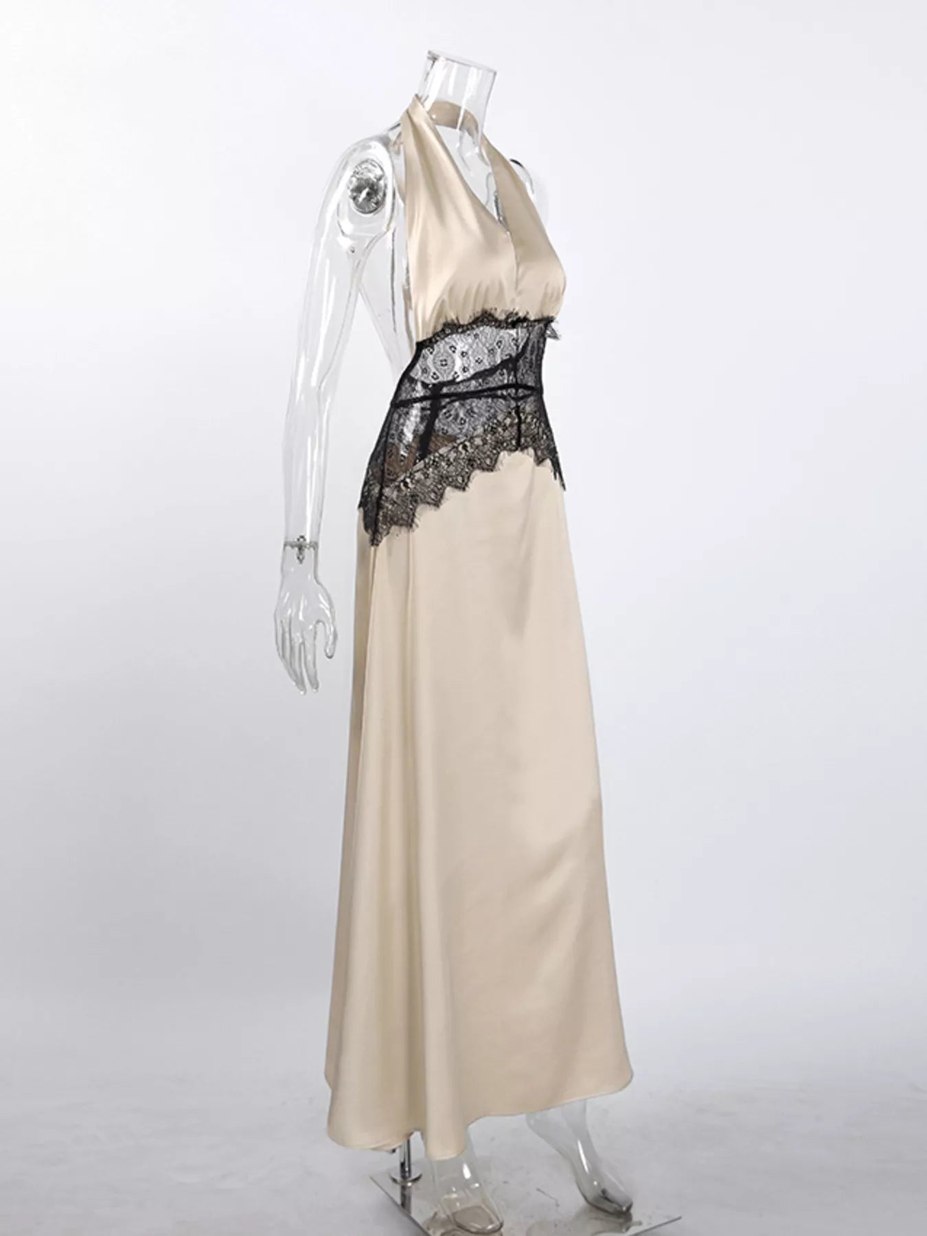 Halter Neck Lace Waist Maxi Dress