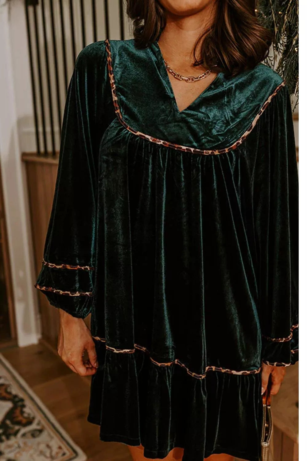Leopard Trim Velvet Long Sleeve Shift Dress