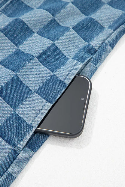 Frayed Hem Checkered Denim Mini Dress
