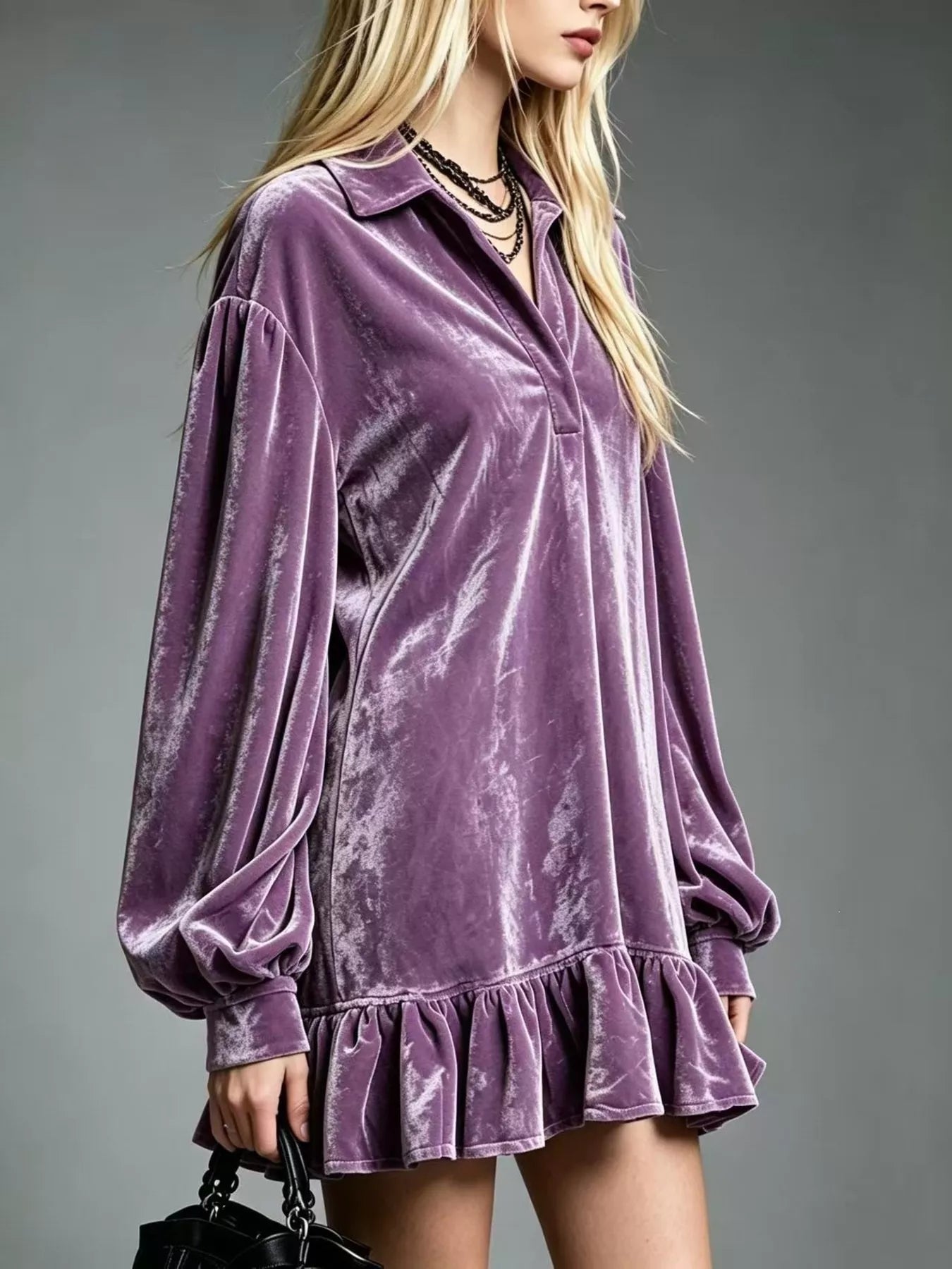 Full Size Velvet Ruffled Hem Long Sleeve Dress Plus Size