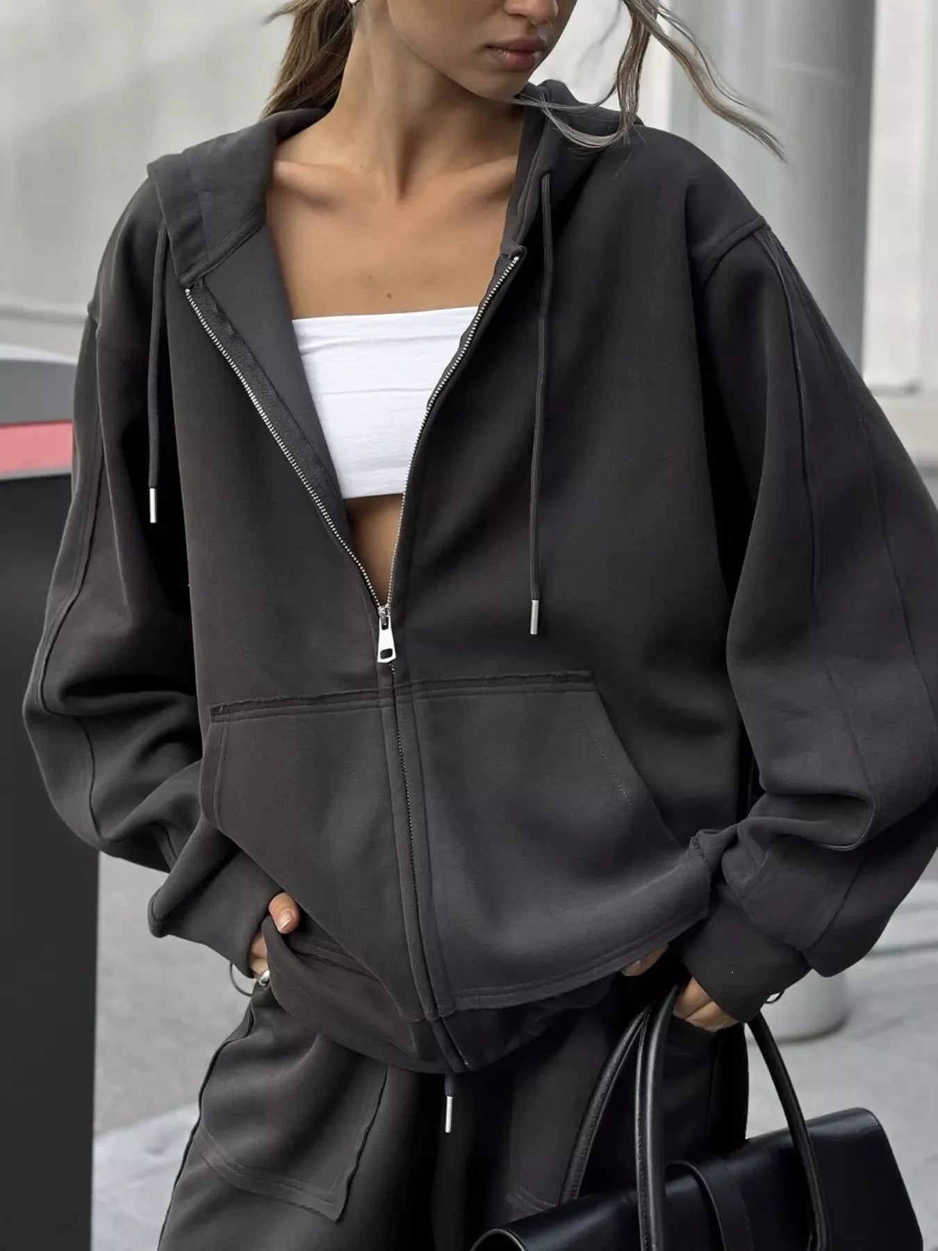 Oversized Zip-Up Hoodie and Wide-Leg Pants Set