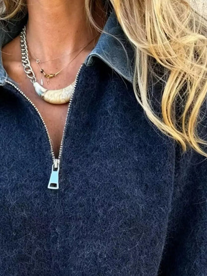 Contrast Denim Collar Half-Zip Knit Sweater