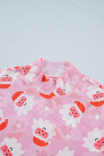 Pink Abstract Santa Print Stand Neck Sheath Long Sleeve Top