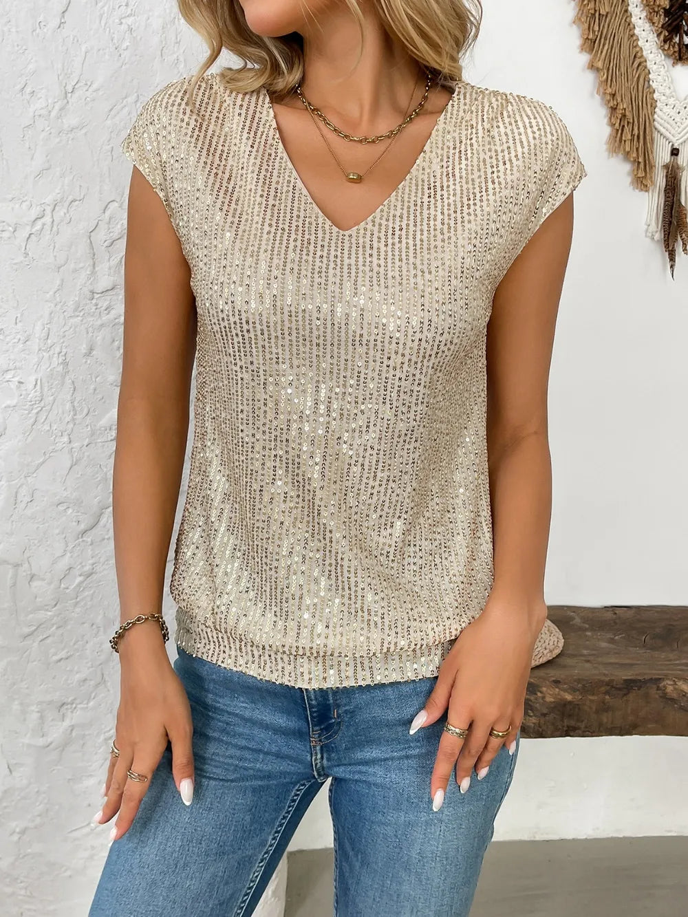 Sequin V-Neck Cap Sleeve Top
