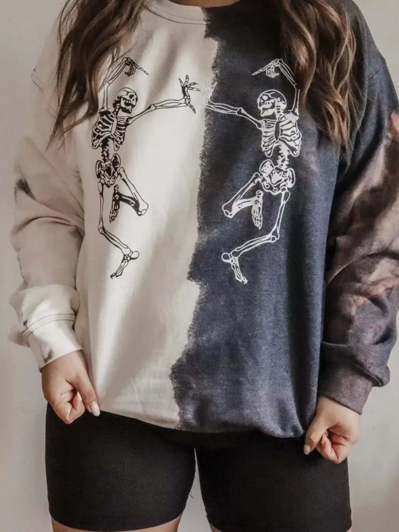 Halloween Skeleton Print Color Block Sweatshirt