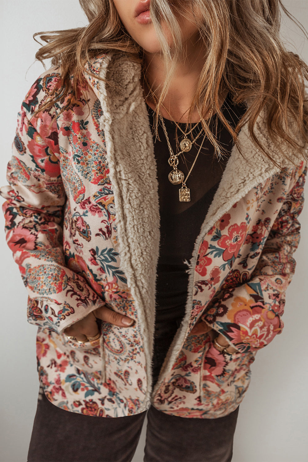 Blue Zone Planet | Beige Vintage Paisley Floral Printed Sherpa Lined Hooded Jacket