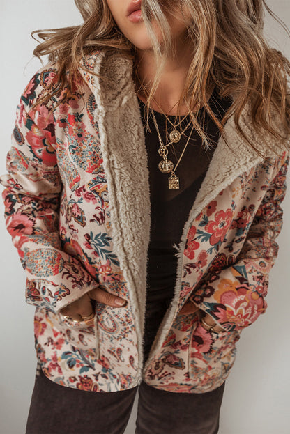 Blue Zone Planet | Beige Vintage Paisley Floral Printed Sherpa Lined Hooded Jacket