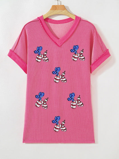 Twisted Rib Sequin Patriotic Balloon Dog V Neck Tee