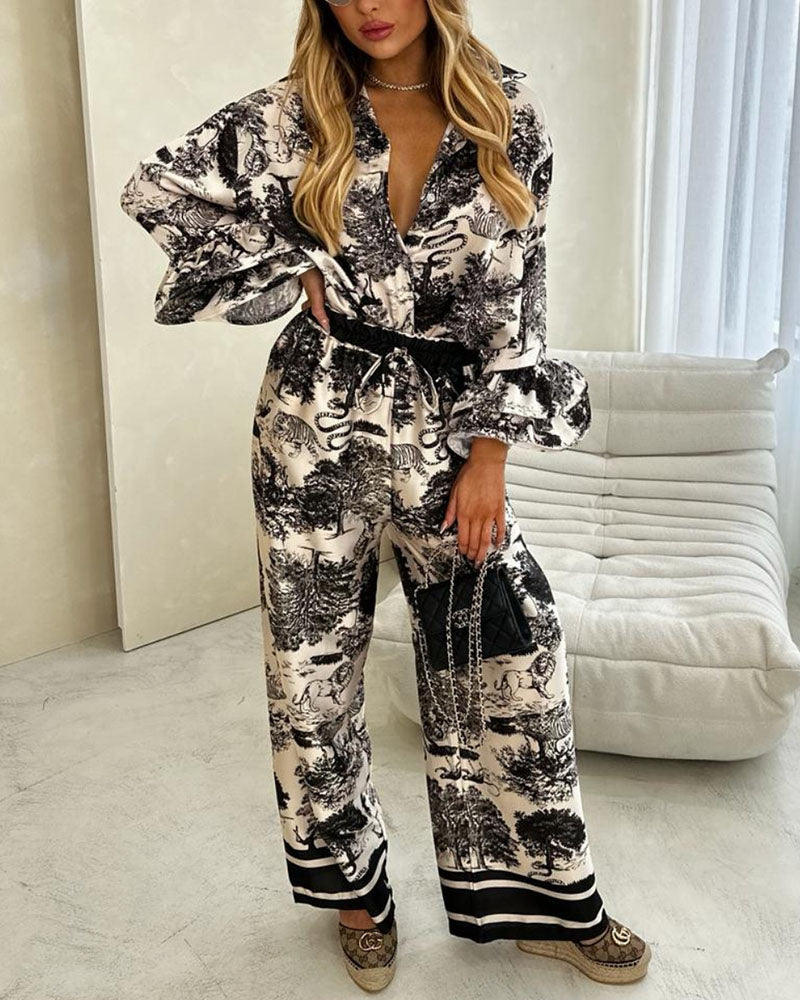 Ruffle sleeve animal forest print two-piece set