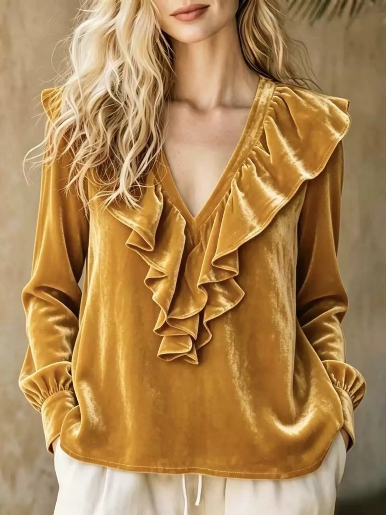 Full Size Ruffled V-Neck Long Sleeve Blouse Plus Size