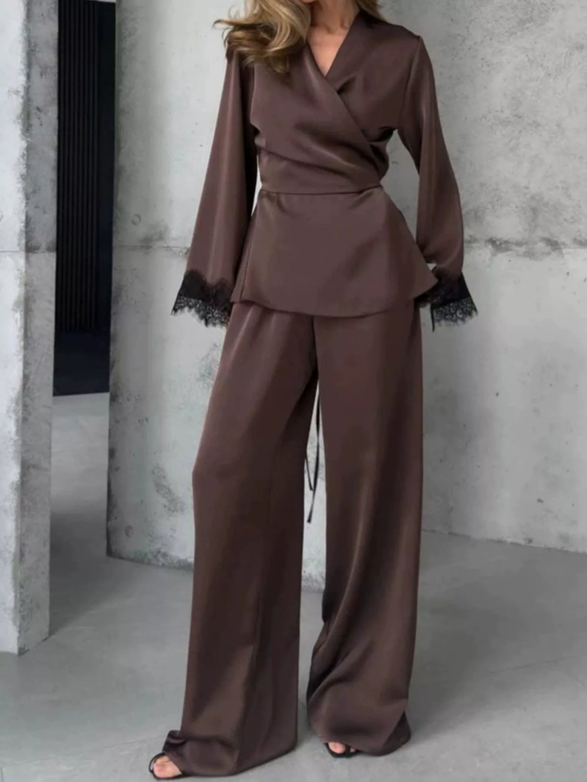 Lace Trim Wrap Top and Pants Set