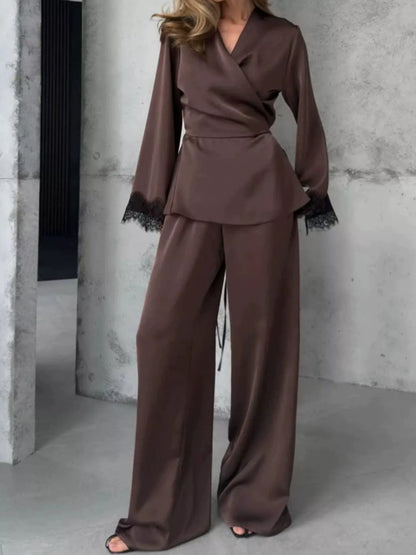 Lace Trim Wrap Top and Pants Set