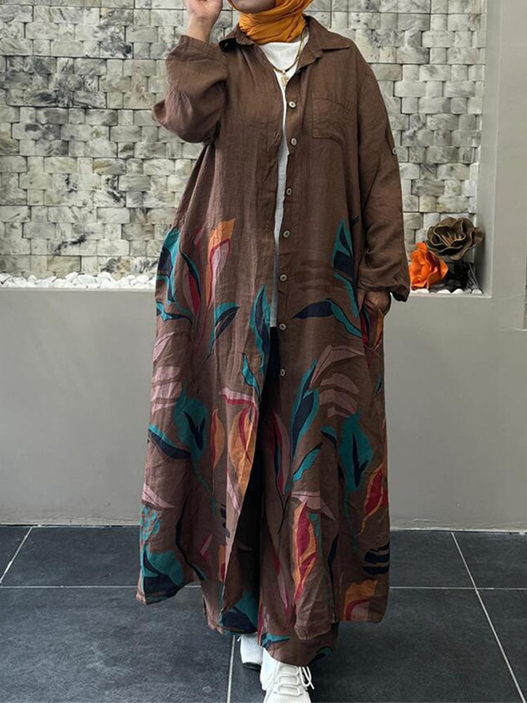 Casual Floral Printing Long Cardigan Wide-leg Trouser Suit