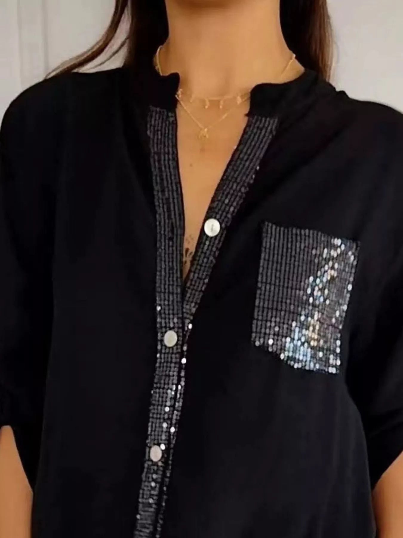Full Size Sequin Detail Button-Down Shirt Plus Size