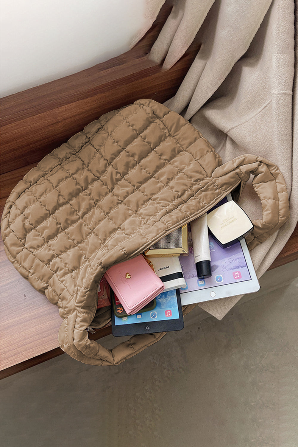 Blue Zone Planet | Light French Beige Quilted Zipper Large Shoulder Bag
