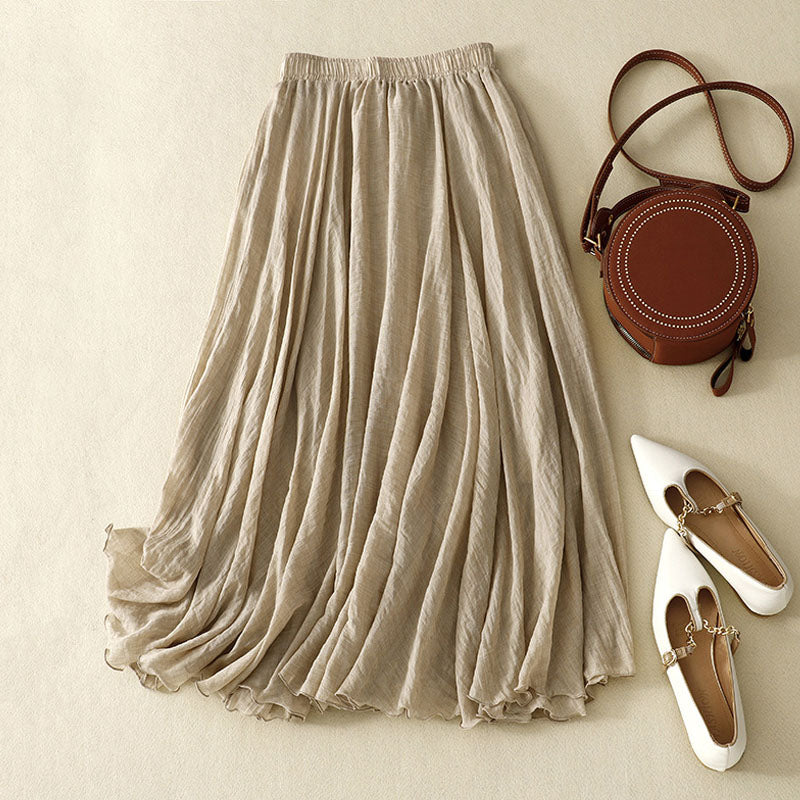 Artistic pleated cotton and linen twill skirt