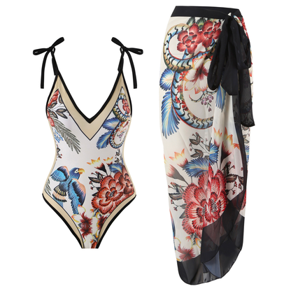 Floral Print V Neck Tie Shoulder One-piece Swimwear and Wrap Cover Up Skirt Set Black
