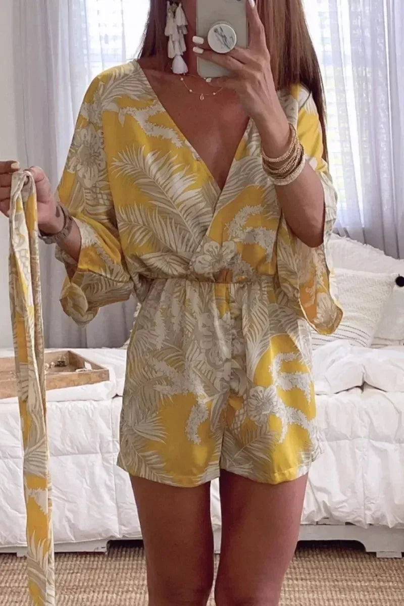 Wrap V Neck Tie Knot Leaf Print Batwing Romper