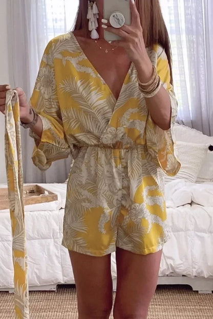 Wrap V Neck Tie Knot Leaf Print Batwing Romper