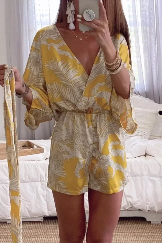 Wrap V Neck Tie Knot Leaf Print Batwing Romper