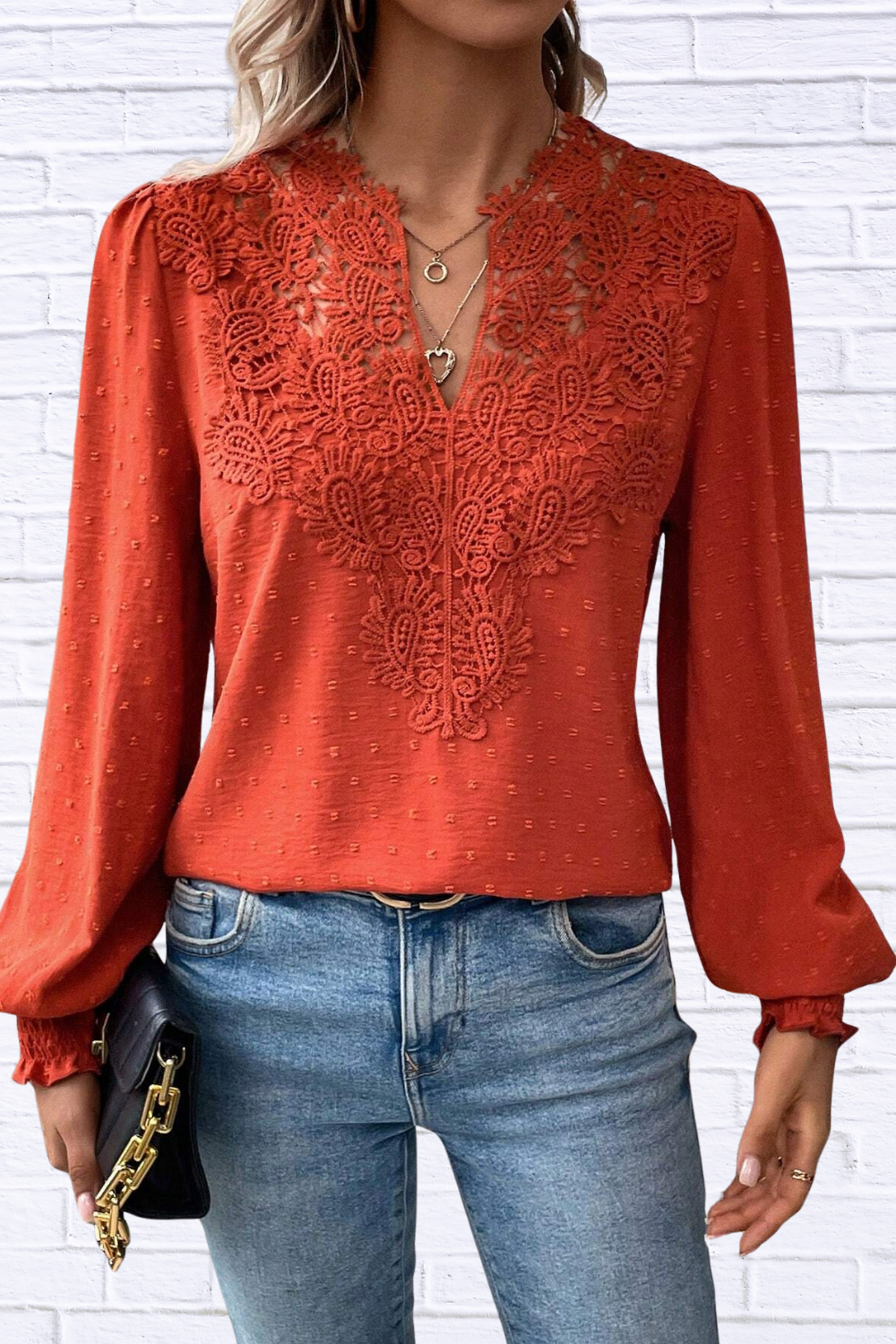 Swiss Dot Lace Detail Long Sleeve Blouse