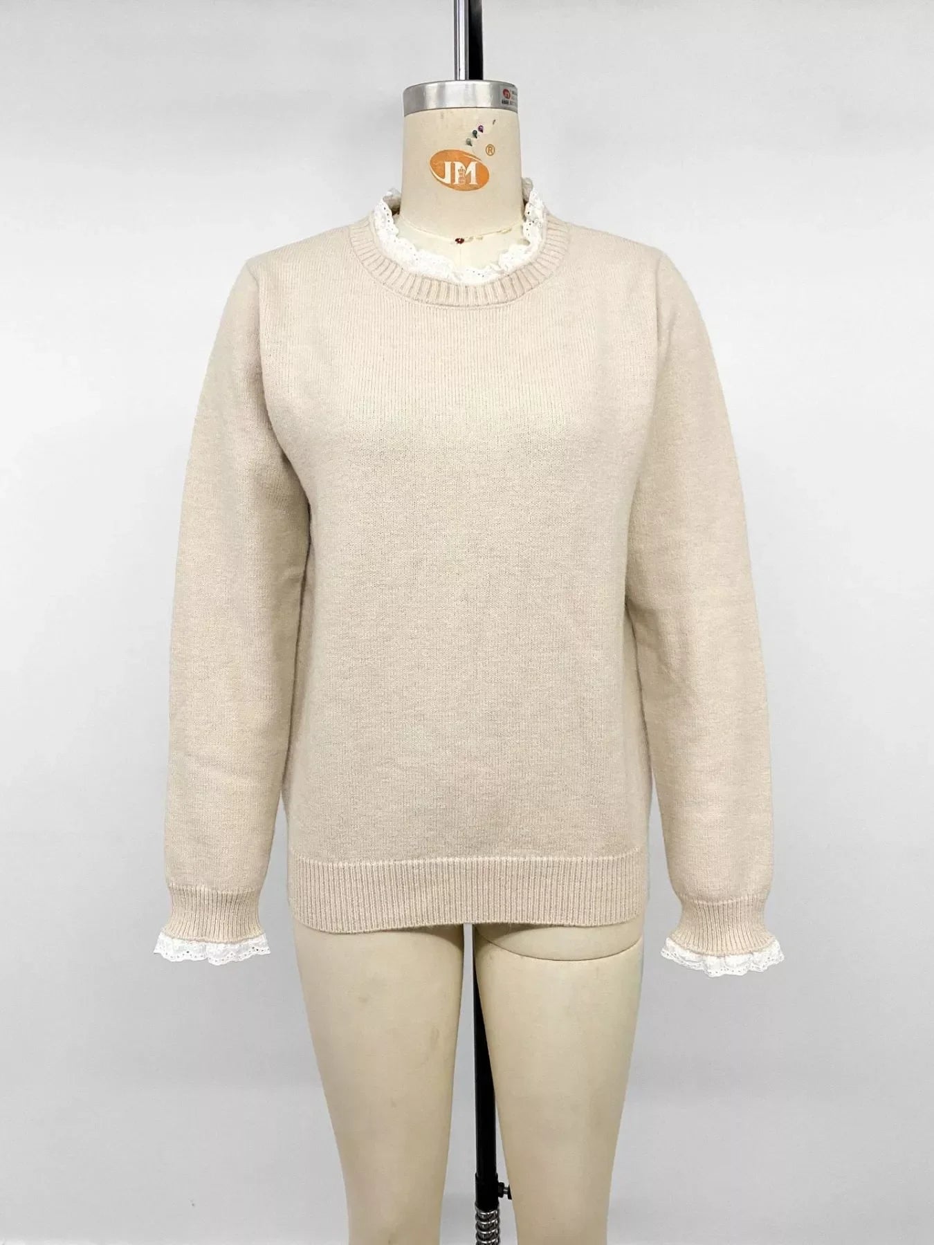 Elegant Lace Trim Round Neck Sweater