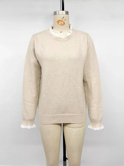 Elegant Lace Trim Round Neck Sweater