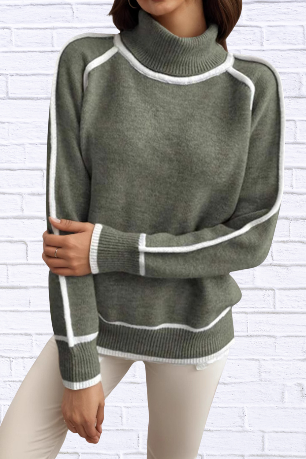 Turtleneck Contrast Trim Sweater with Ribbed Details