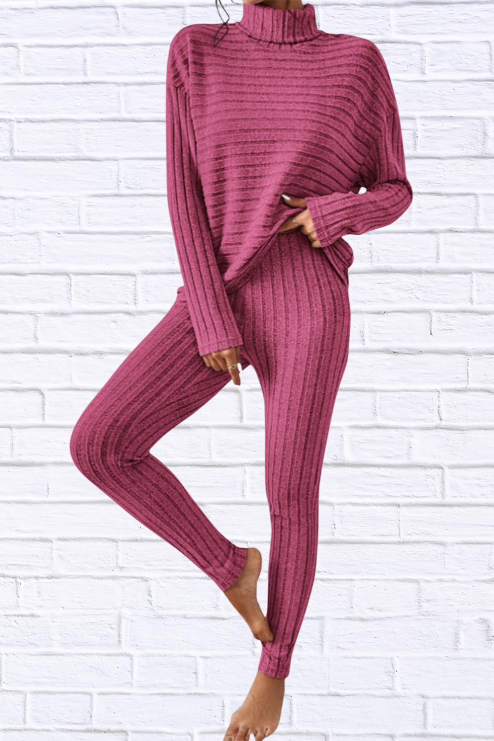 Ribbed Turtleneck Top and Pants Set