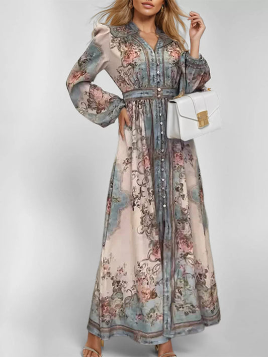 Full Size Floral Print Maxi Dress with Puff Sleeves Plus Size