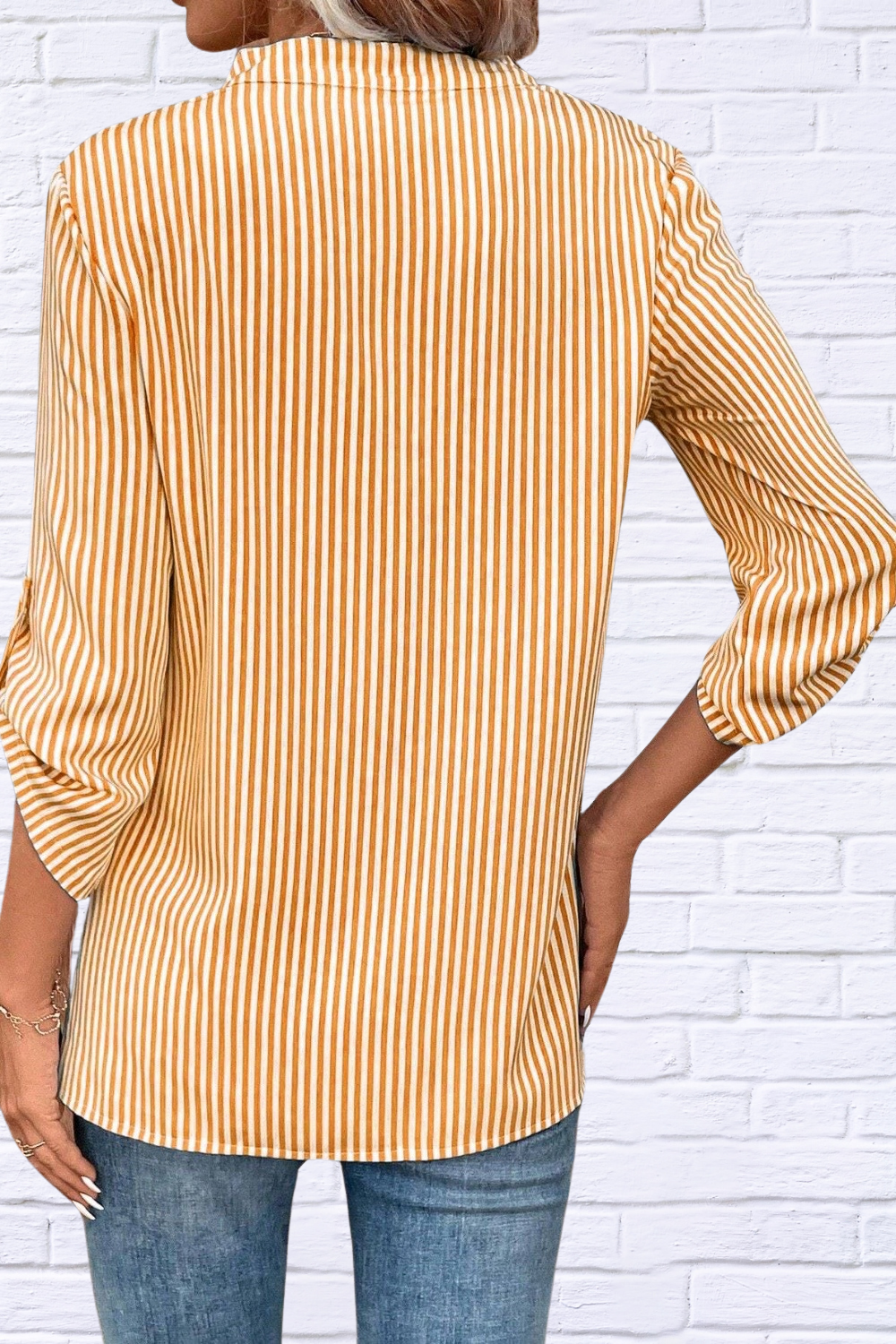 Striped Notched Roll-Tab Sleeve Shirt