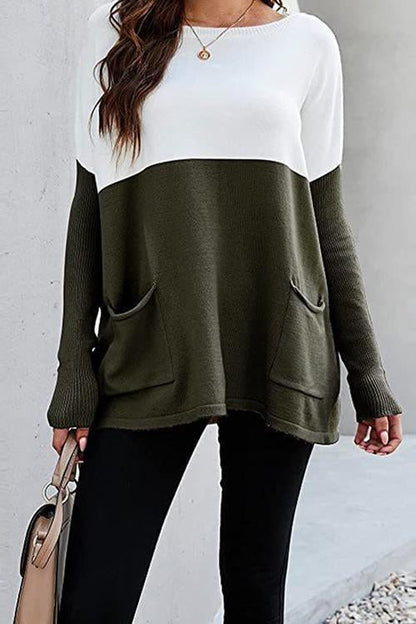 Rosiedress Color Block Knit Pullovers With Pockets ArmyGreen