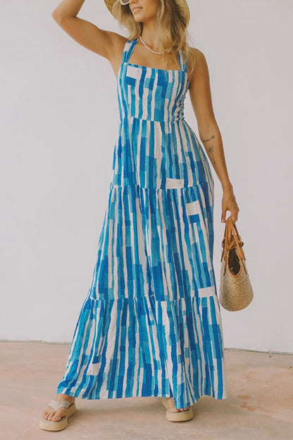 Rosiedress Square Collar Tiered Striped Maxi Cami Dress LightBlue