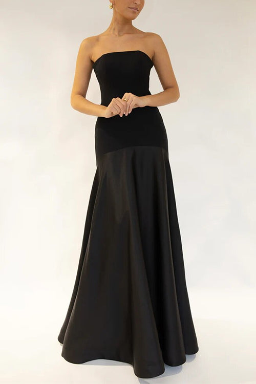 Strapless Patchwork Flare Gown Maxi Party Dress Black