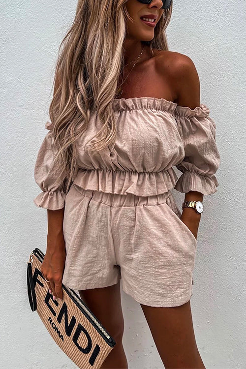 Rosiedress Ruffle Off Shoulder Short Sleeves Crop Top Elastic Waist Shorts Set