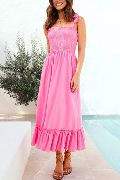 Rosiedress Wide Straps Bow Shoulder Smocked Ruffle Maxi Dress Pink