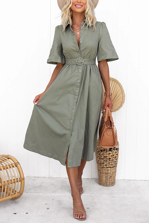 Short Sleeves Button Up Belted Midi Shirt Dress Green