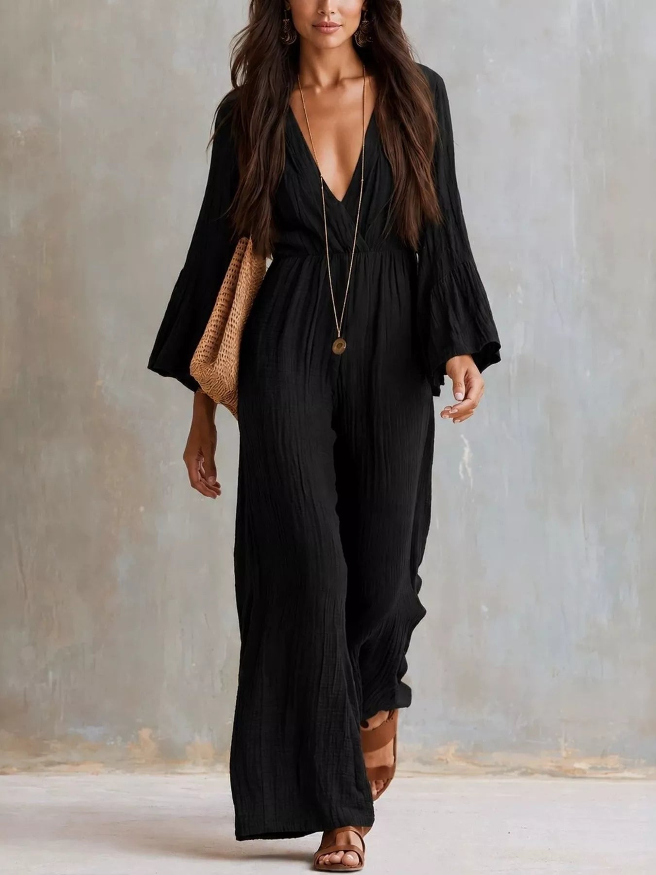 Textured Flare Sleeve Jumpsuit