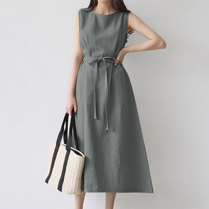 Casual Sleeveless Belted Cotton Dress