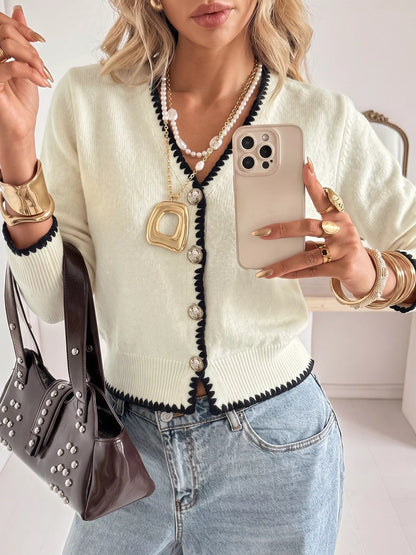 Contrast Trim V-Neck Button-Down Cardigan
