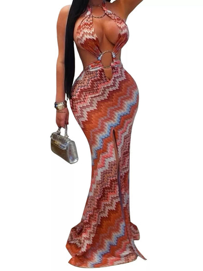 Chevron Print Halter Neck Cut-Out Maxi Dress