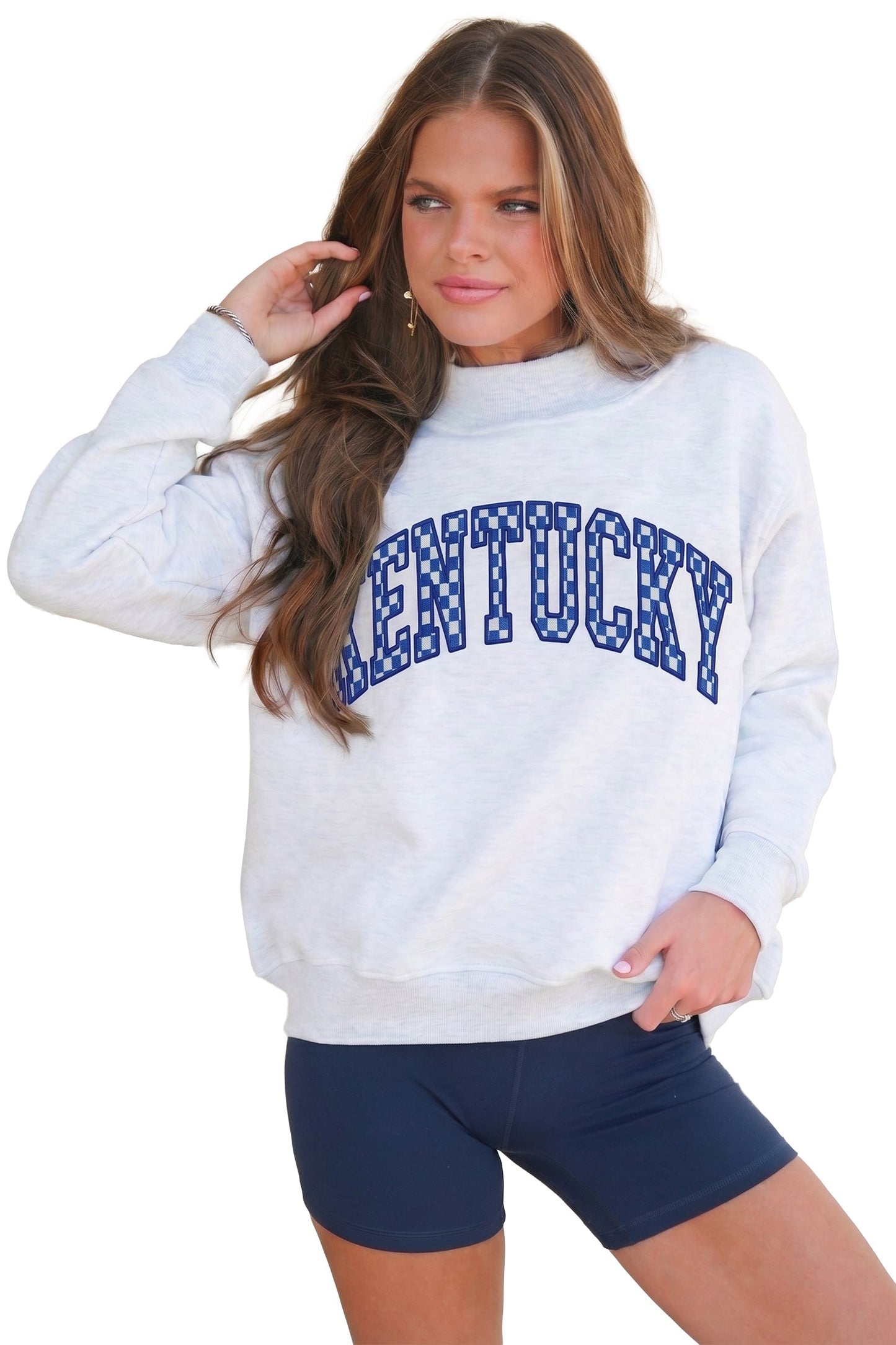 Light Grey High Neck Embroidered Checkered Letter Game Day Sweatshirt