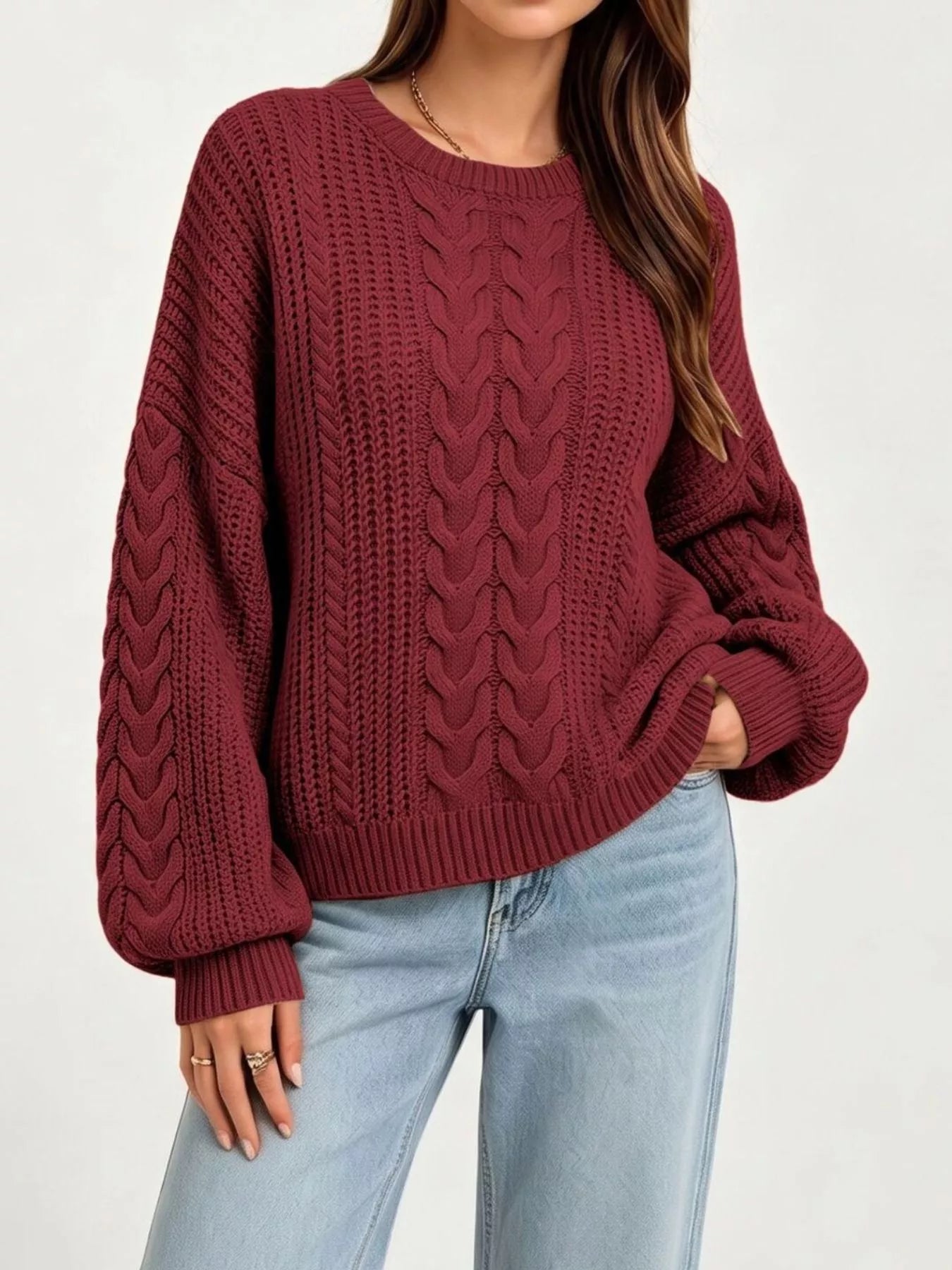 Chunky Cable Knit Round Neck Sweater