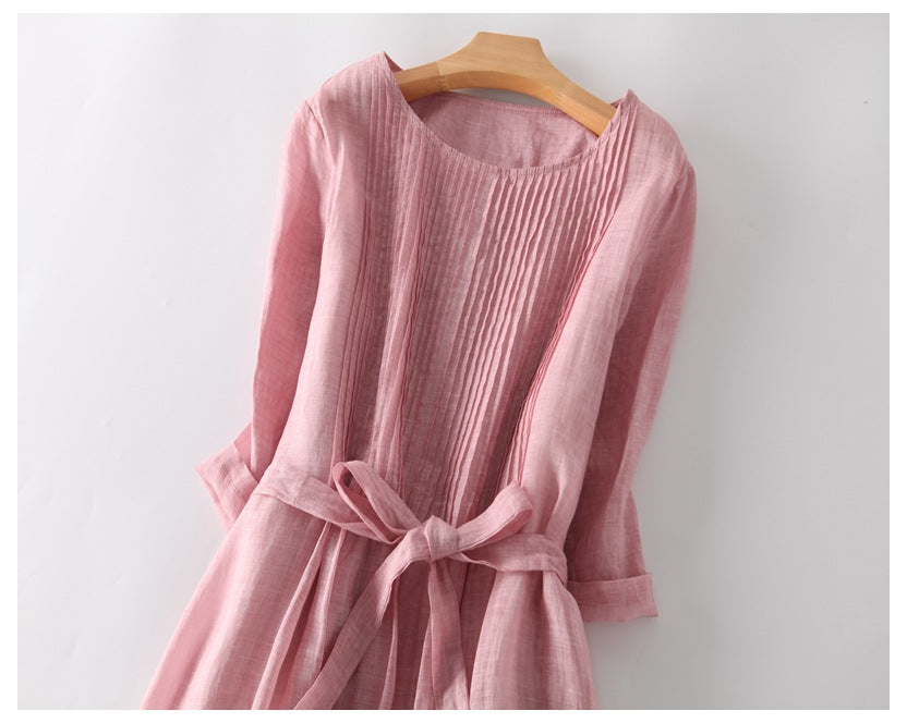 Loose Cotton Linen Tie Three Quarter Sleeve Dress