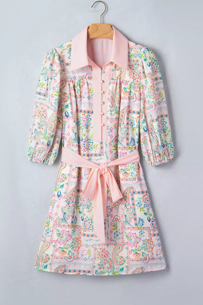 Floral Print Color Block Trim Half Button Belted Mini Dress