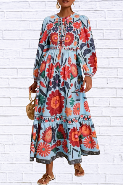 Floral Tie Waist Long Sleeve Dress