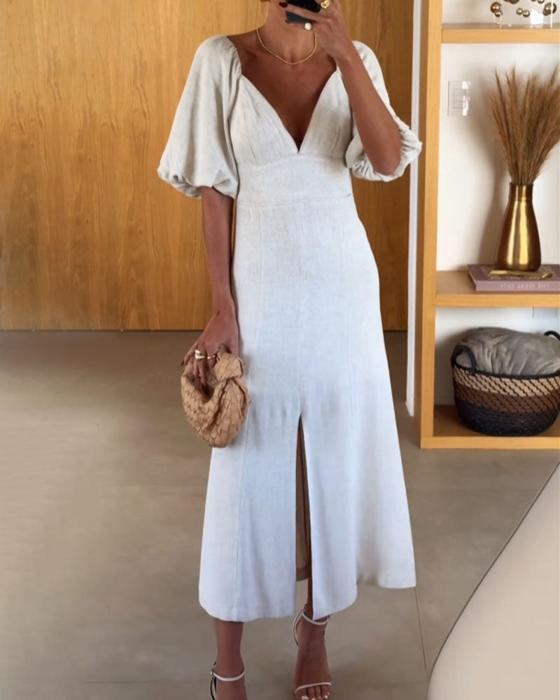 Elegant V-neck Short Sleeve Split Linen Dress