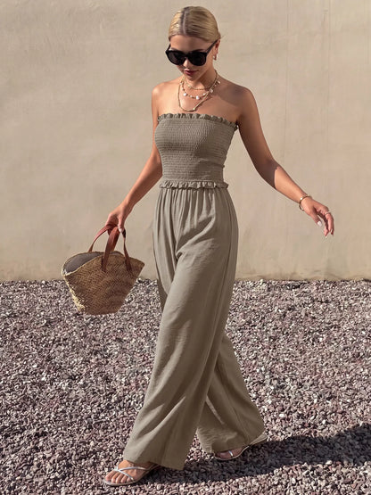 Smocked Strapless Wide Leg Jumpsuit