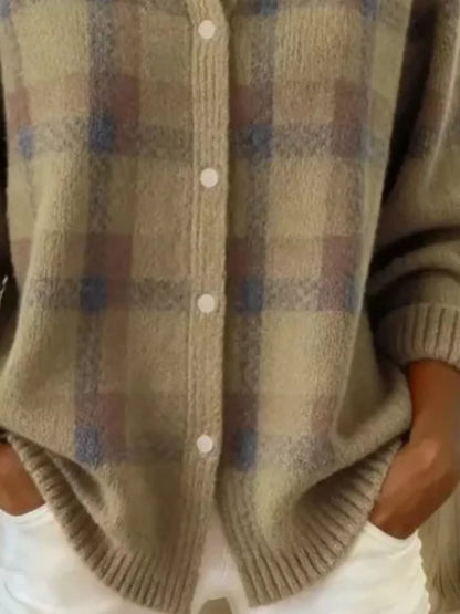 Full Size Plaid Button-Down Knit Cardigan Plus Size