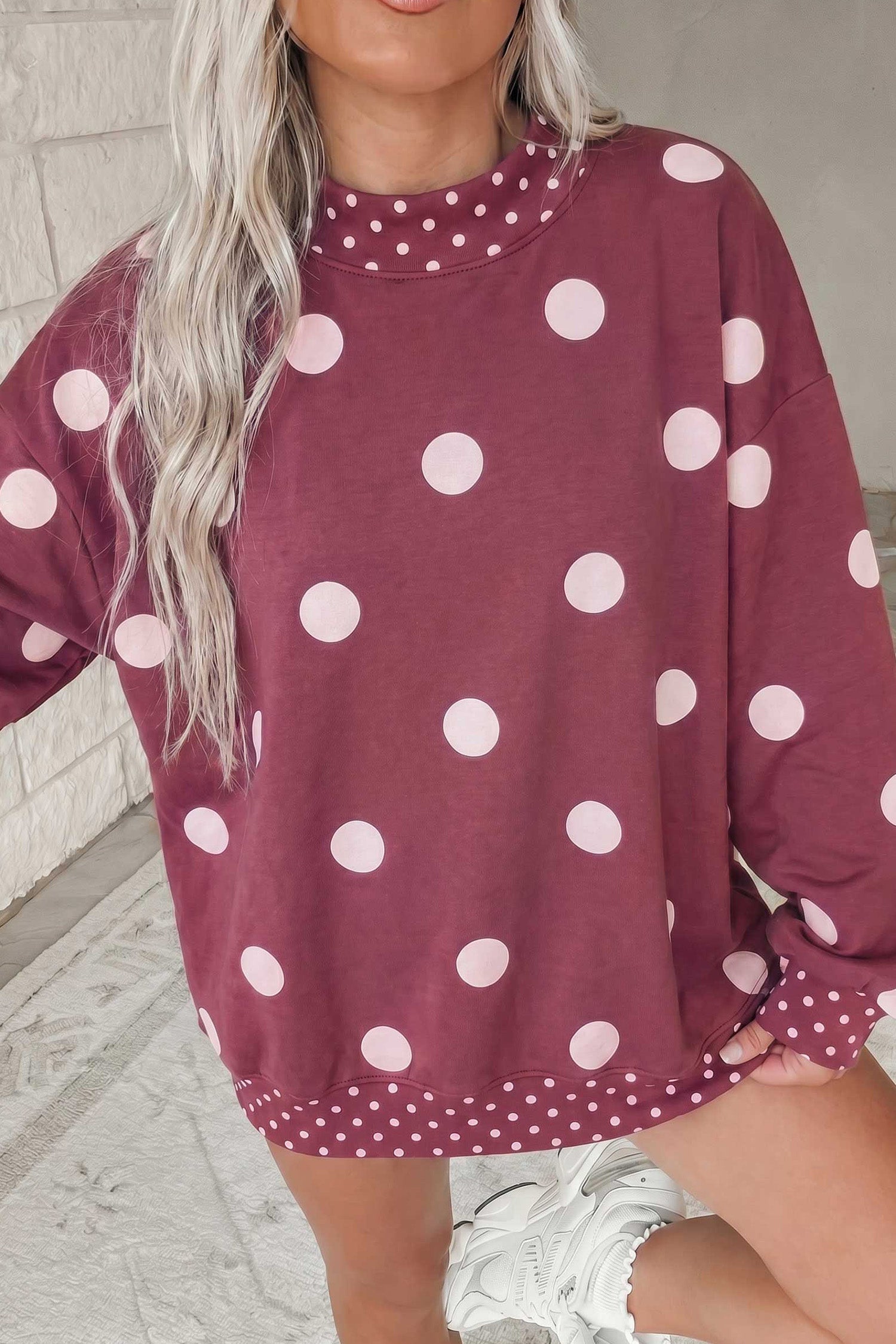 Pink Polka Dot Print Contrast Detail Oversized Tunic Sweatshirt